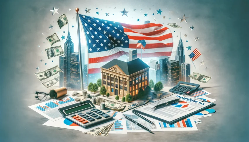 Visual representation of franchise tax in the USA with the American flag, financial documents, and corporate buildings.