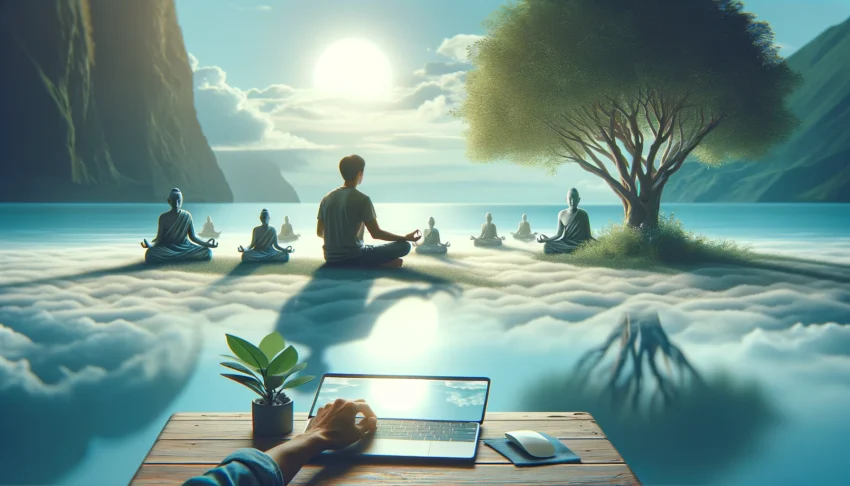 An individual researching meditation blogs for guest posting opportunities in a peaceful setting, symbolizing the fusion of mindfulness with digital strategy.