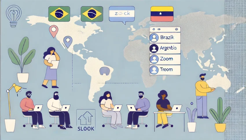 A diverse team of software developers from Latin America collaborating on a project, with a map highlighting Brazil, Argentina, Colombia, and Mexico, and icons representing communication tools like Slack, Zoom, and Trello.